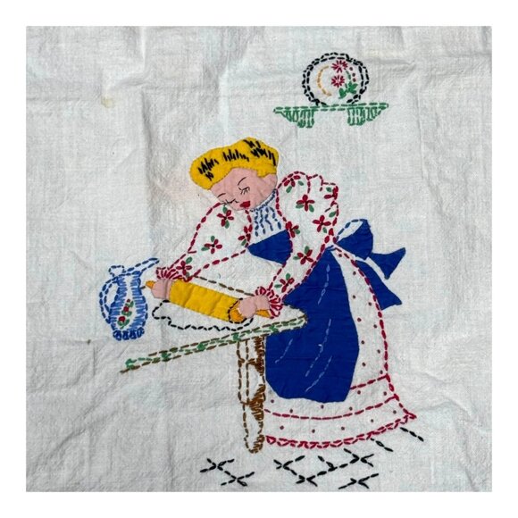 Vintage Embroidered Kitchen Towels Blue White Policeman Pie Set 2 Farmhouse READ - Picture 3 of 6